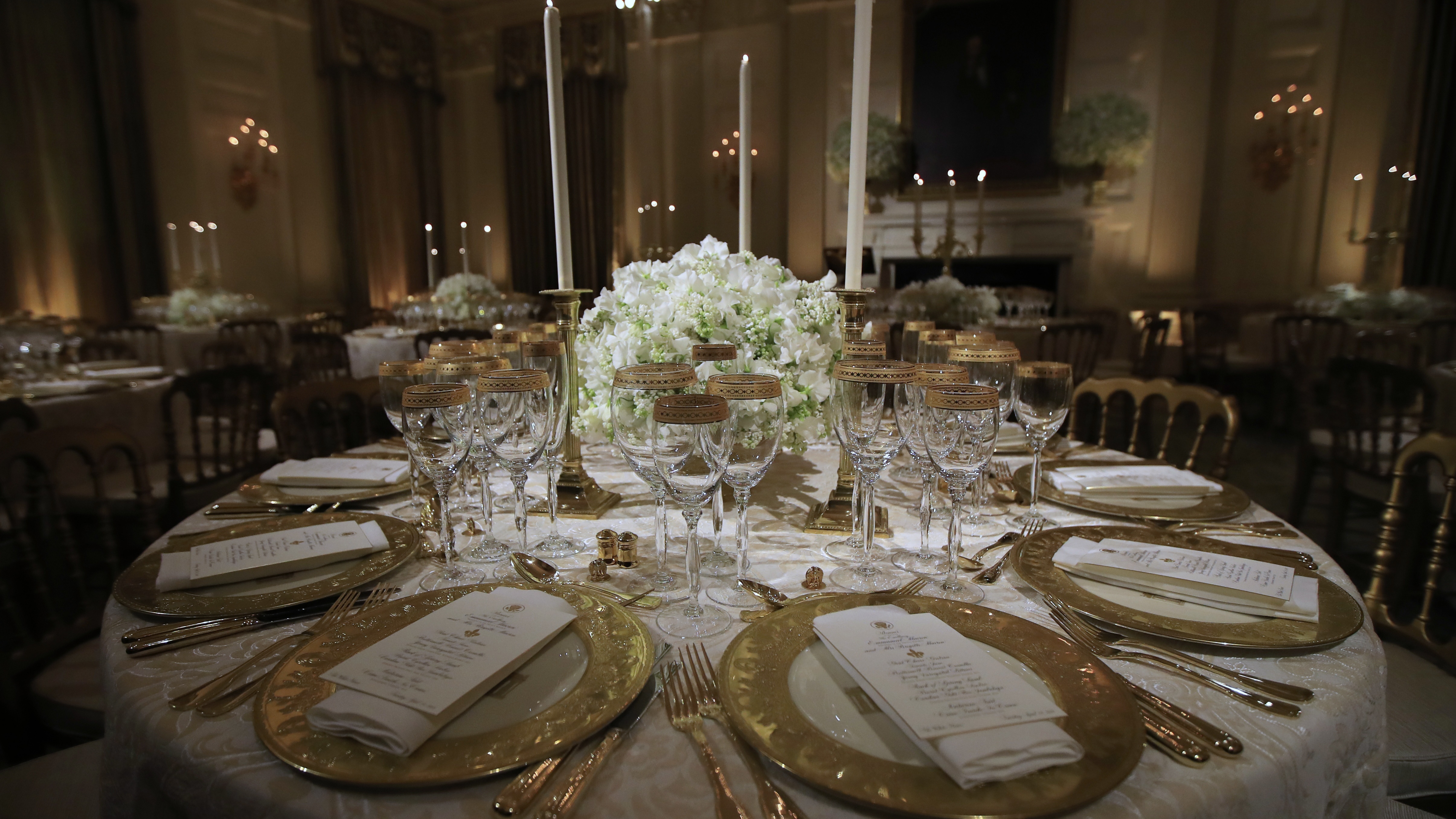 The State Dining Room at the White House is set for the first State Dinner that President Donald Trump hosted as president with French President Emmanuel Macron in Washington on April 23, 2018.